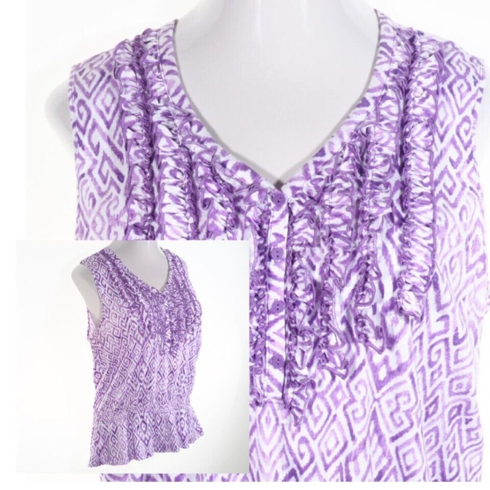 Jones NY Sport Top Women Size XL Cotton Ruffles V Neck Sleeveless Purple - Picture 2 of 11